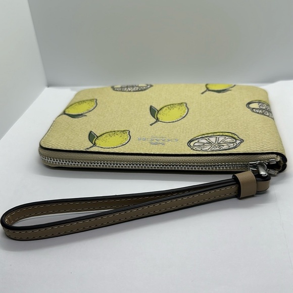 NWT Coach Corner Zip Wristlet Lemon Print Signature Coated Canvas Bag Charm